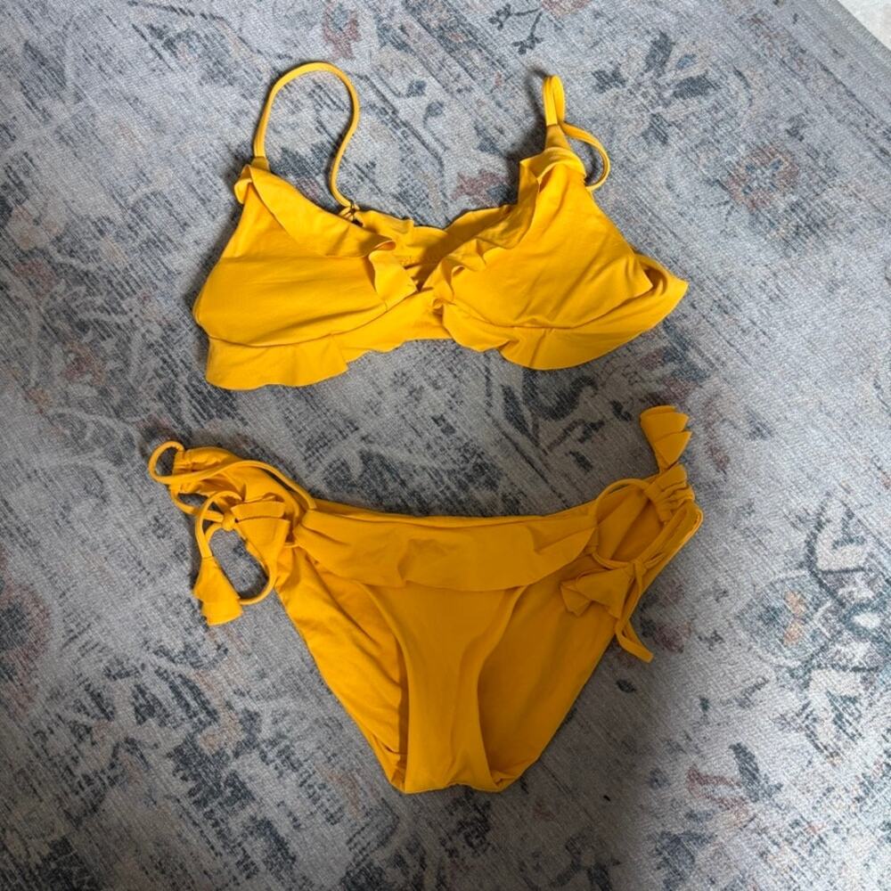 BECCA Two Piece Bikini Yellow XS/S Low Rise Cheeky Ruffle
